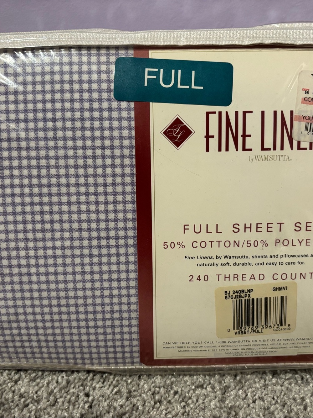 Fine Linens Full Sheet Set purple and white checks 240 thread count